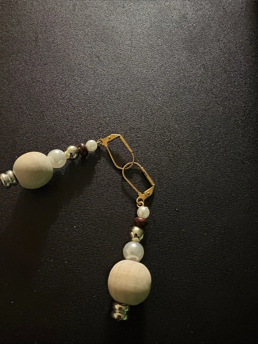 Natural Wood Bead and Pearl Bracelet and Earrings Set - Gold Accents